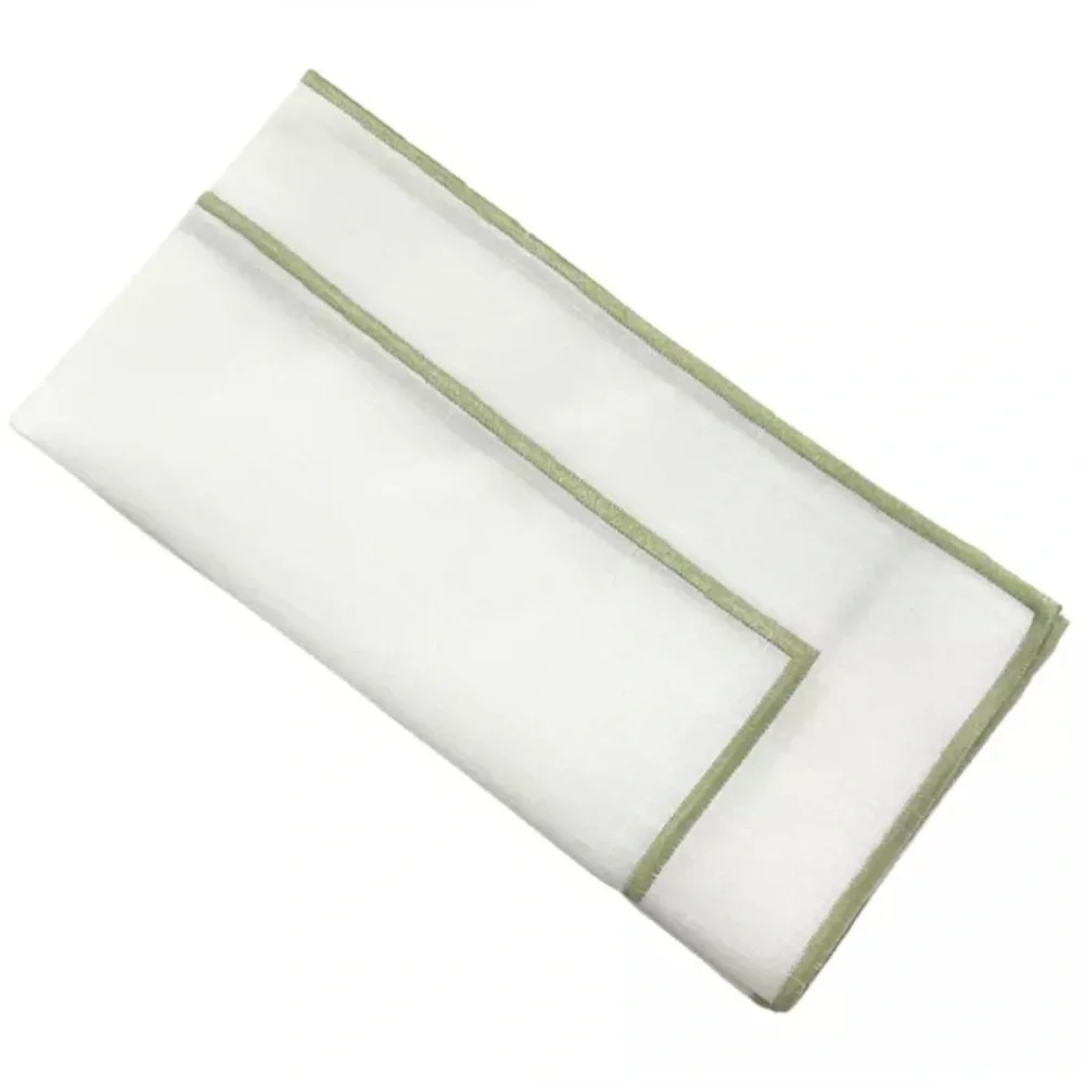 12 White w/ Green Trim Linen Napkins